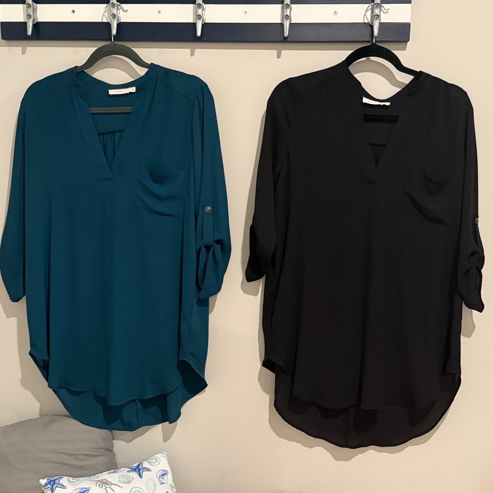 Lot of two Lush Tunic Length Blouse with Cuffed Sleeves and Mandarin Collar
